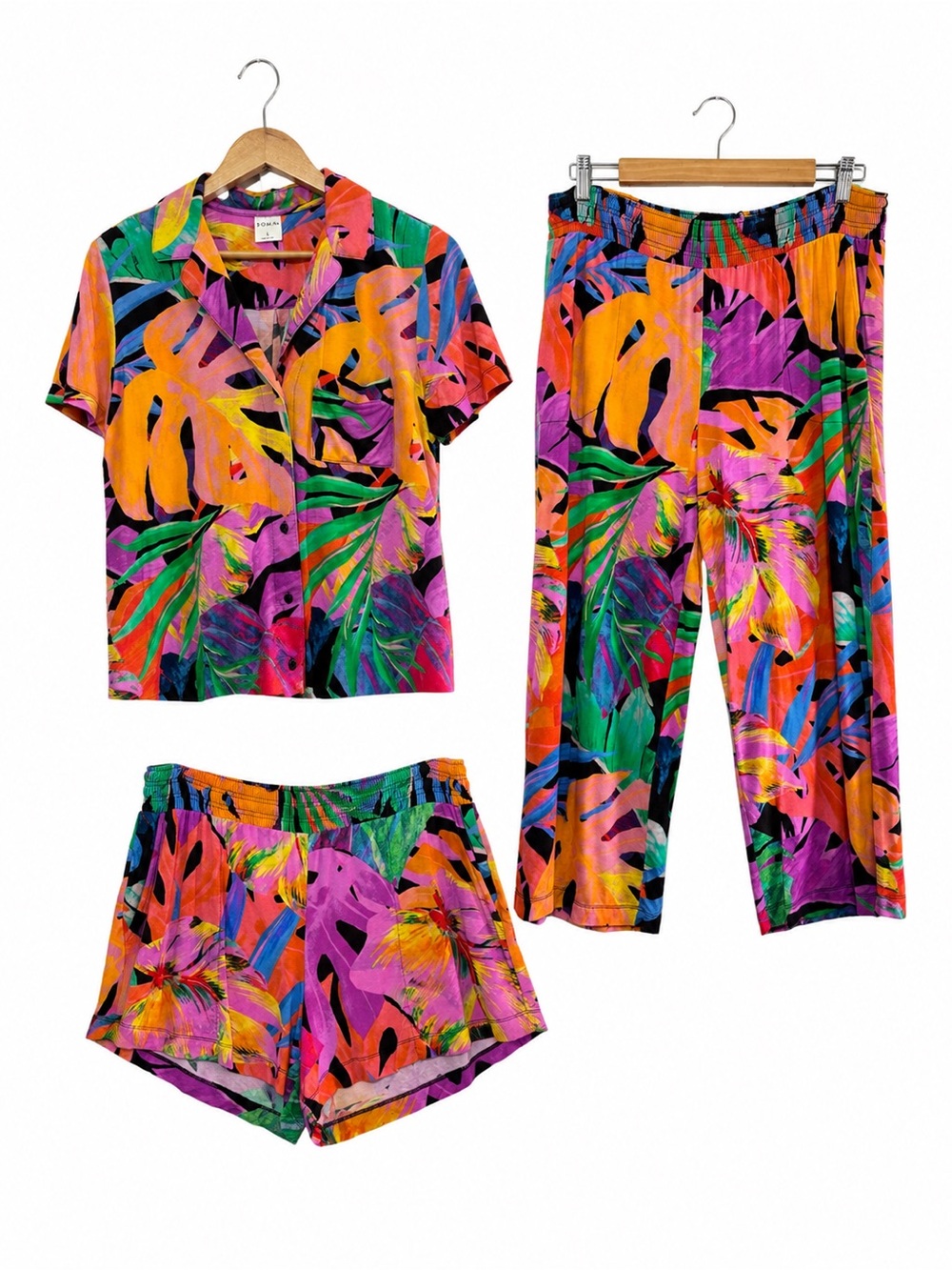 Soma 3 Piece Tropical Print Shirt Pants Shorts Pajama Set Cool Nights Large